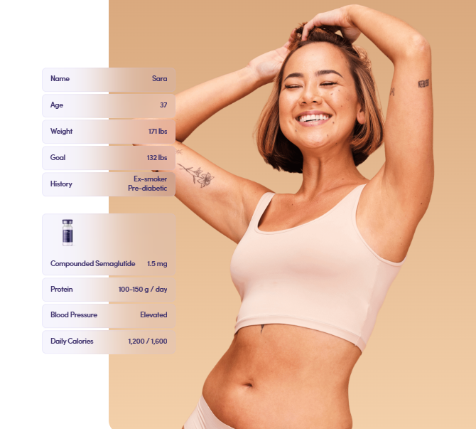 SkinnyRx telehealth platform showing online consultation for GLP-1 weight loss medication — compounded semaglutide and tirzepatide program available in all 50 states